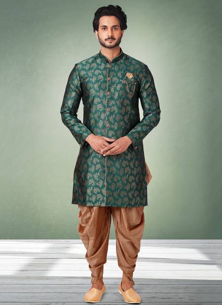 Green Colour Heavy Wedding Wear Jacquard Banarasi Brocade Indo Western Mens Collection 1076